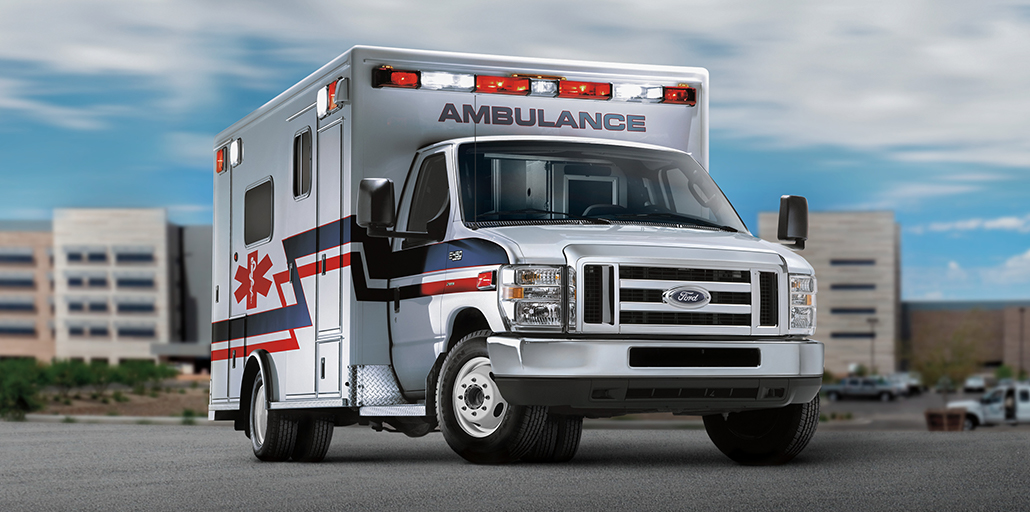 Ford E-series ambulance body in front of hospital