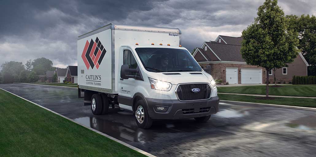 Ford Transit Chassis working hard in a storm.