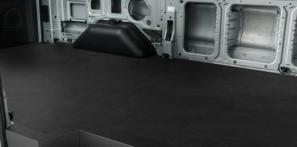 A Transit van interior with a Heavy Duty Cargo Floor.