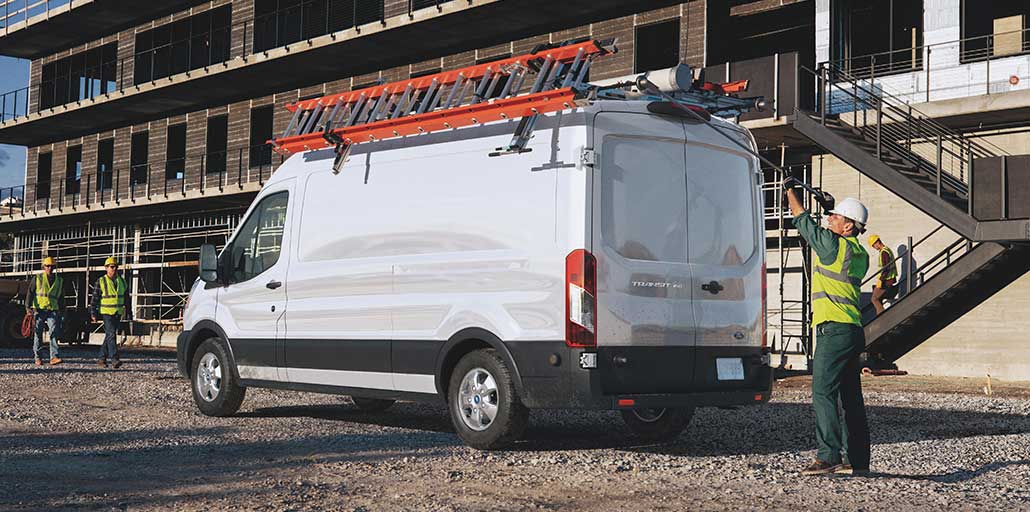 2020 Ford Transit with a ladder rack.